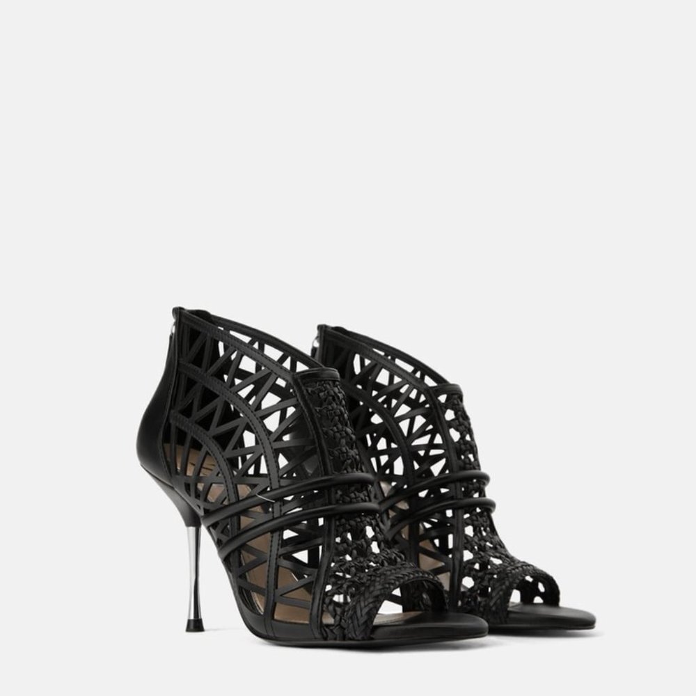 ZARA BLACK WRAPAROUND WOVEN BRAIDED CAGE HEELS SANDALS BRAND NEW WITH TAGS